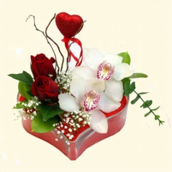adanaya çiçek siparişi kalp içerisinde 2 kandil orkide ve 3 adet gül